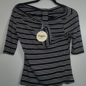 Hayden Women's Medium Navy and Cream Striped Short Sleeve Top With Neck Piece